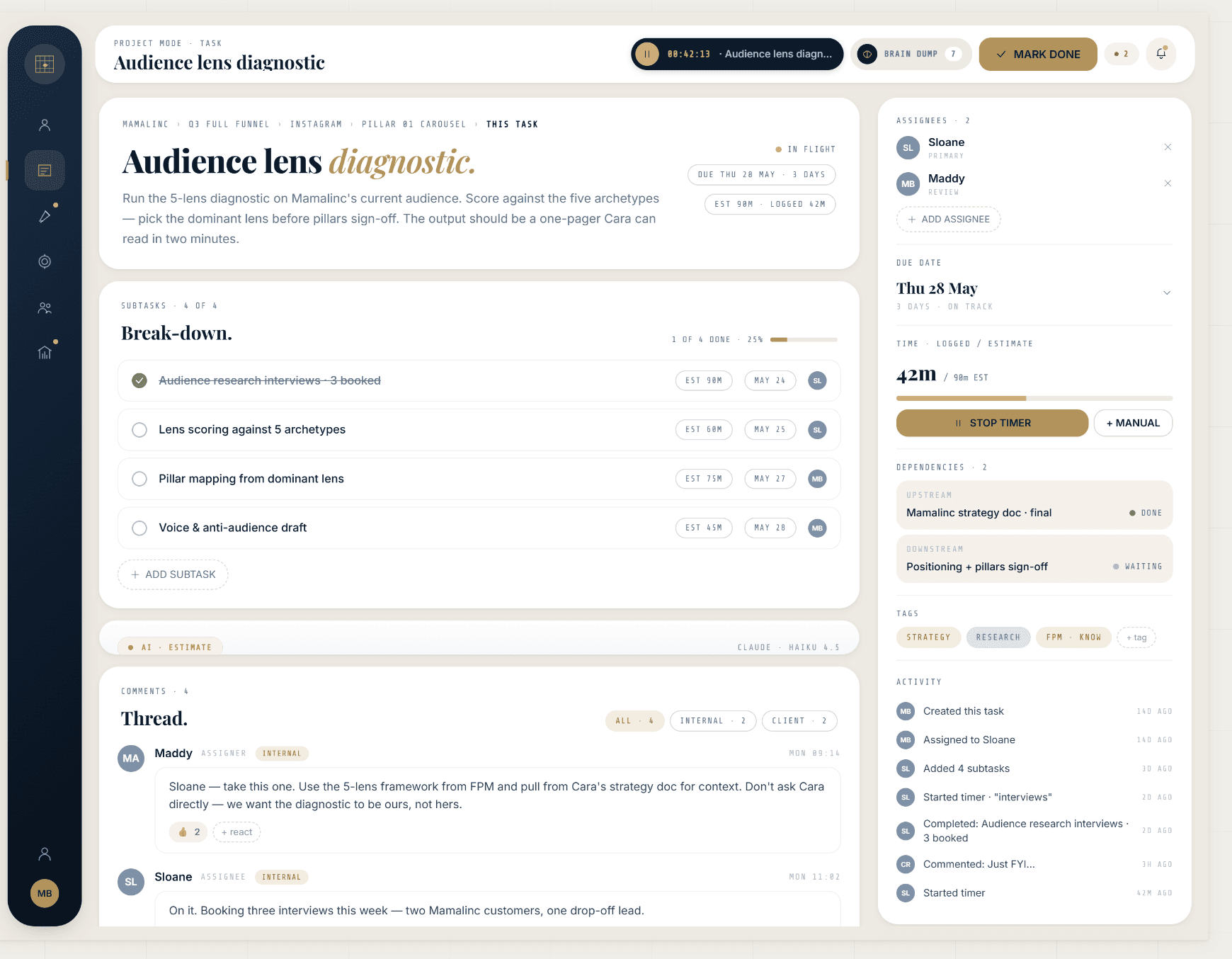 A task detail view with subtasks, comments, time and an AI estimate