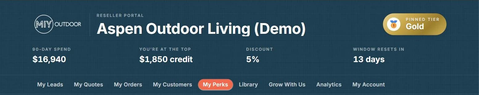 The MIY reseller portal for a demo reseller, showing its tier, spend, discount and the leads, quotes and orders tabs