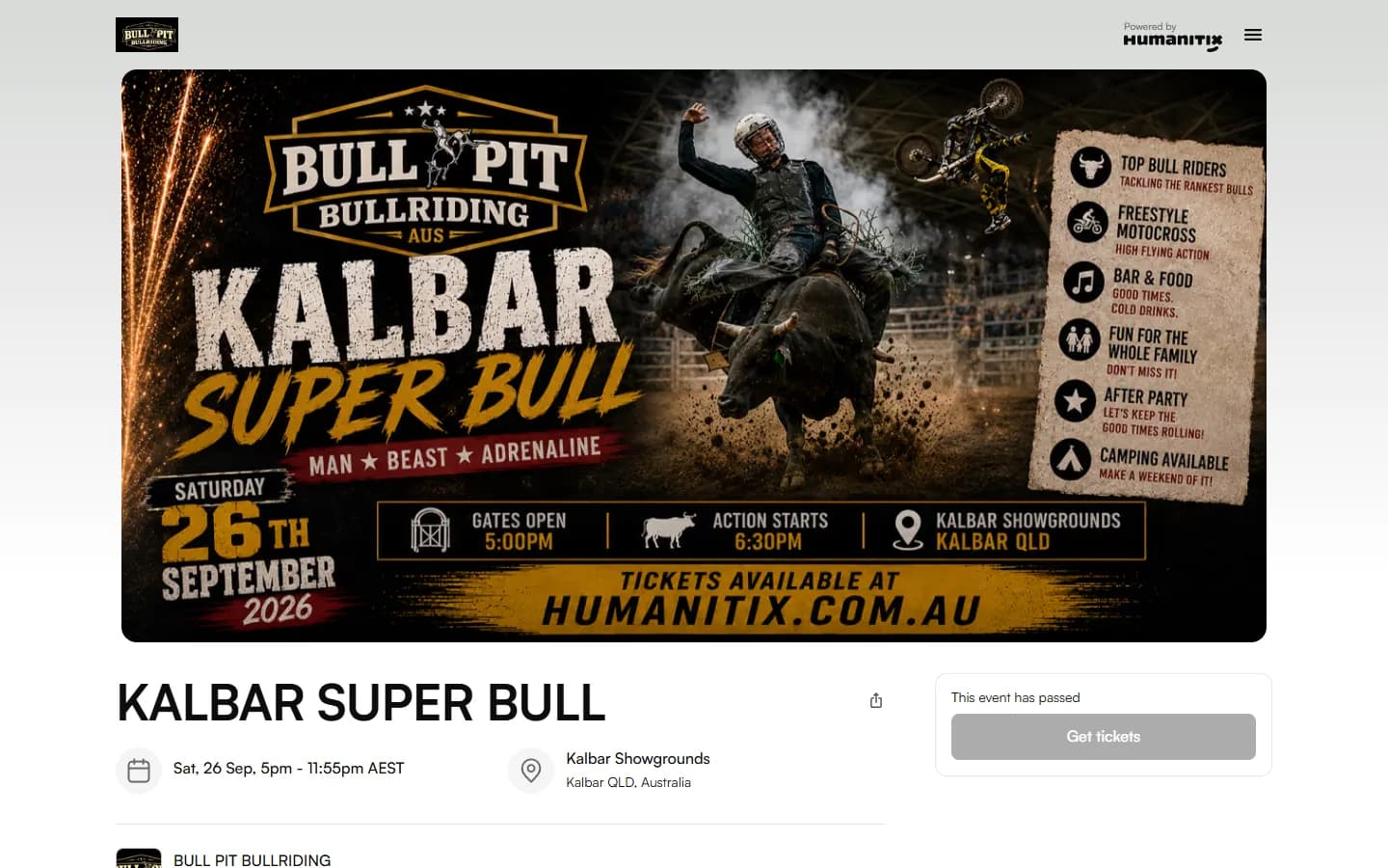 The Kalbar Super Bull ticket page on Humanitix