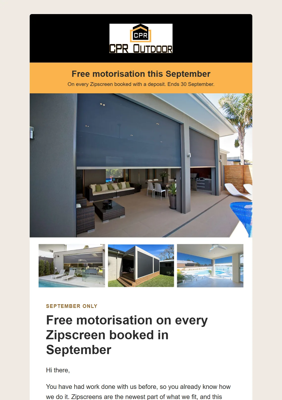 The first email: free motorisation on every Zipscreen booked in September