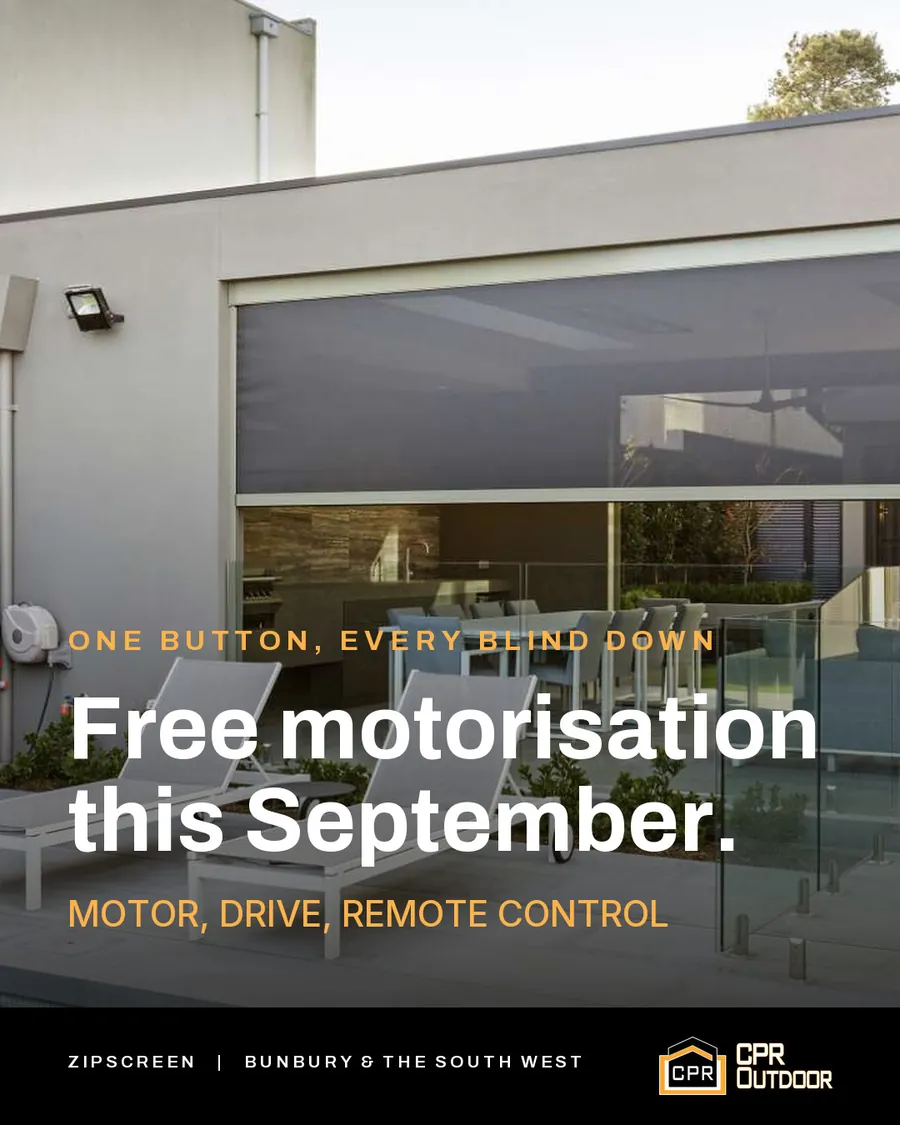 Free motorisation this September: a CPR Outdoor ad over a Zipscreen blind beside a pool