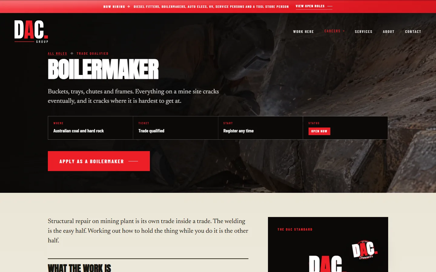 The boilermaker trade page: what the work is and an apply button