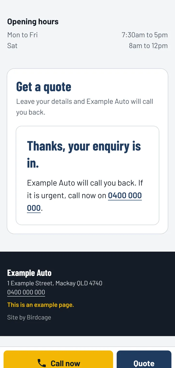The example page after a customer sends a quote request: thanks, your enquiry is in, and the business will call you back