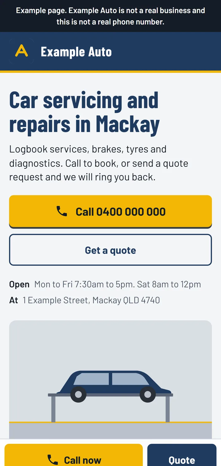 An example Local Leads page on a phone: car servicing and repairs in Mackay, with call and quote buttons