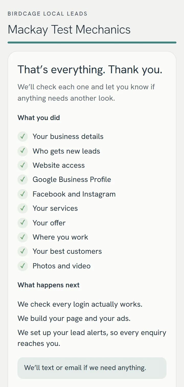 The last screen of the Local Leads setup: that's everything, and what happens next, from checking every login to building your page and your ads