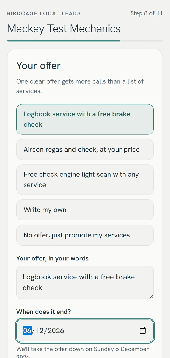 The Local Leads setup form on a phone, at the step where you pick your offer, such as a logbook service with a free brake check