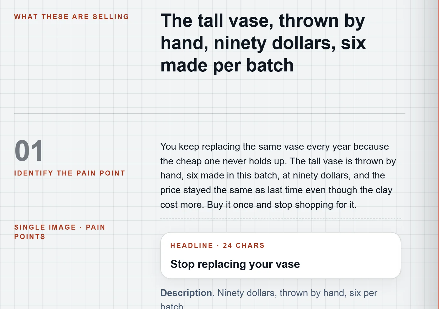 Meta ads written by Looped for a hand thrown vase, for an example business