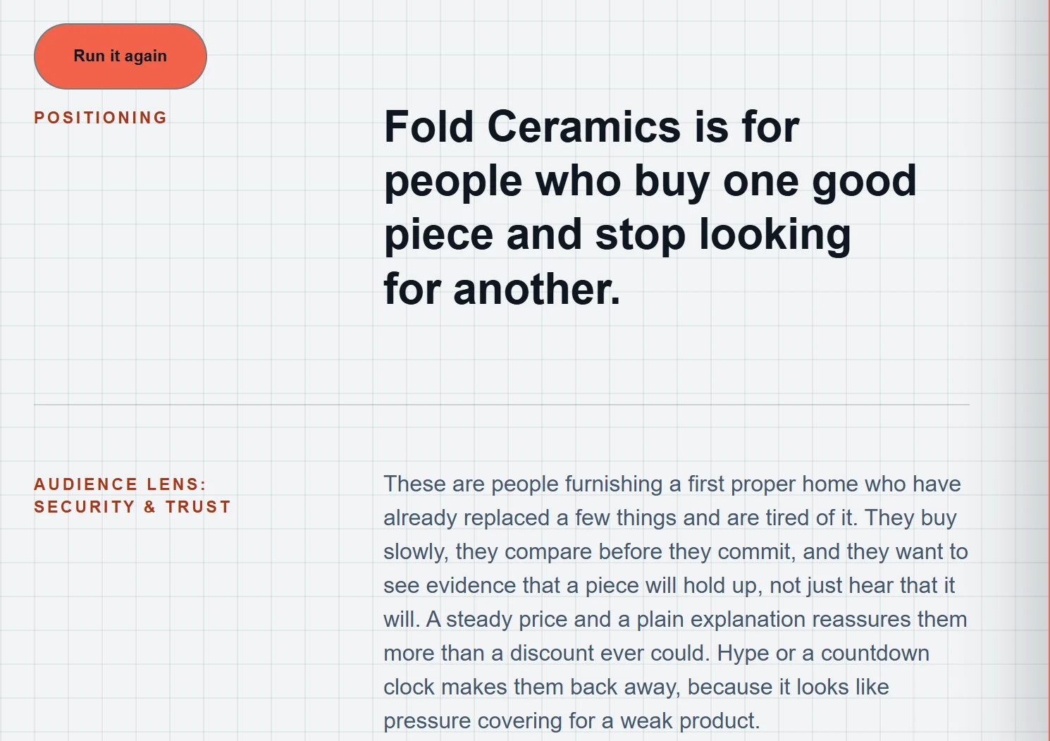 A brand strategy written by Looped for an example business called Fold Ceramics
