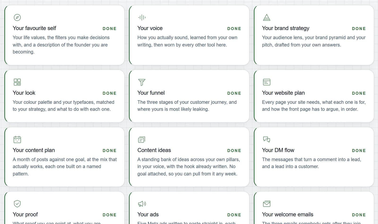 The Looped tools page, a grid of tool cards each marked done, for an example business