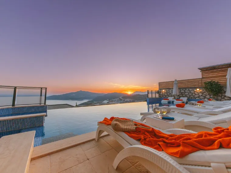 A resort terrace at sunset