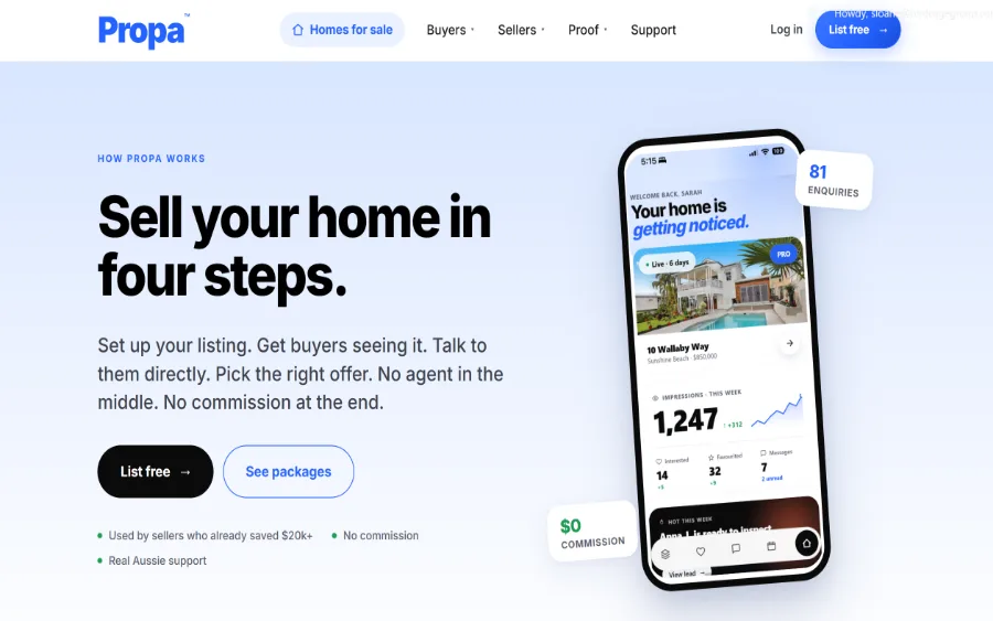 The Propa homepage, sell your home in four steps