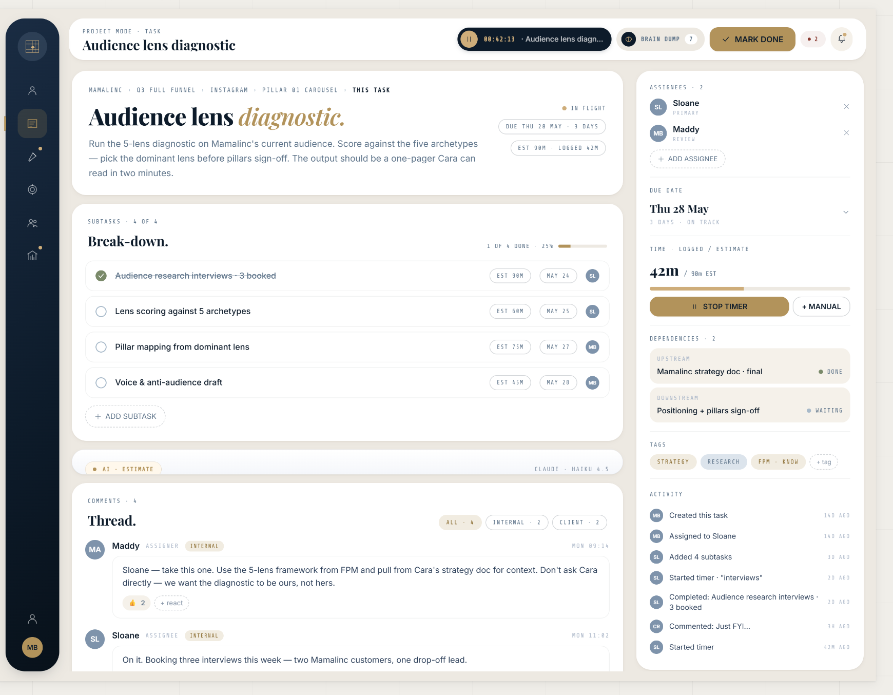 A task detail view, subtasks, comments, time and an AI estimate