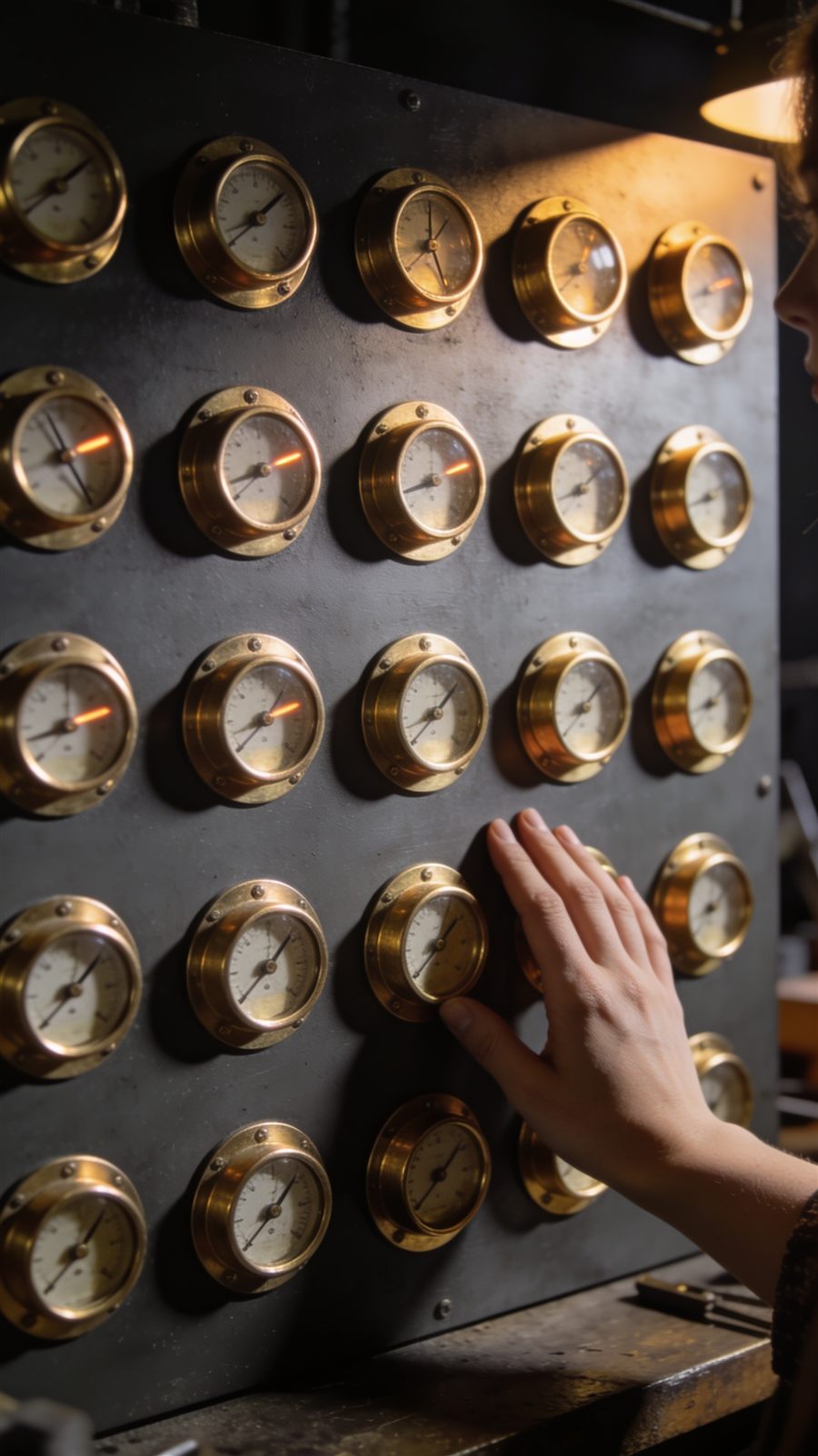A wall of forty identical brass dials, needles flickering, none of them readable.