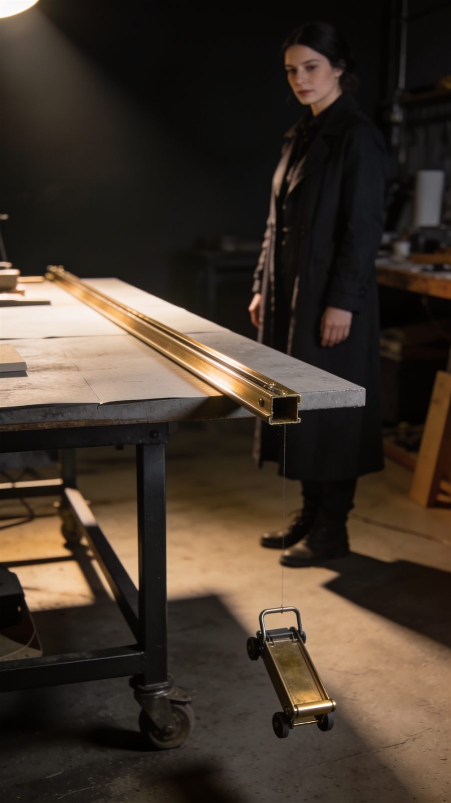 A brass track running straight across a workshop table and stopping in mid air at the edge.