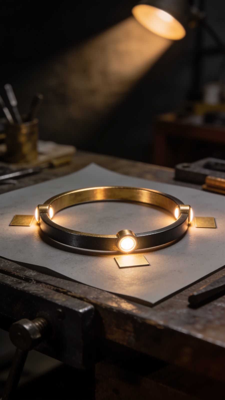 A brass ring lying flat on a workshop table, three points along it lit warm gold.
