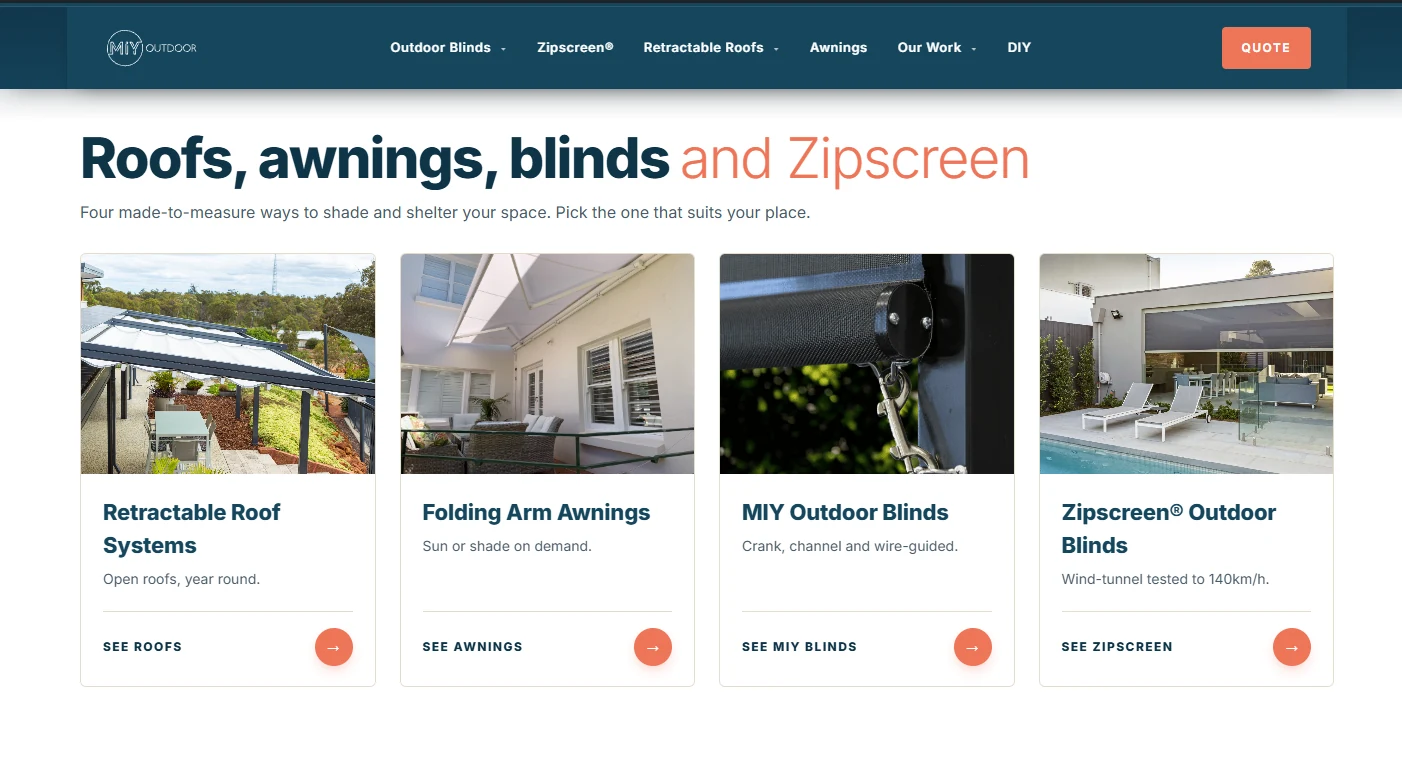 The MIY Outdoor website, retractable roofs, awnings, blinds and Zipscreen